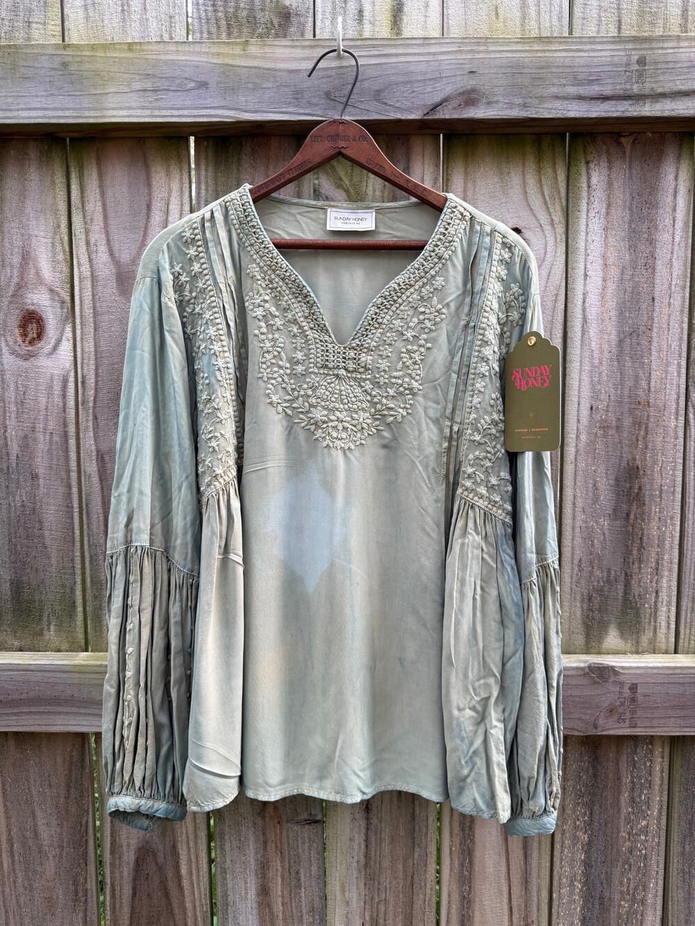 Hand-Dyed Sage Embroidered Bell-Sleeve Blouse